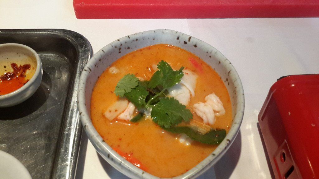 Appetizer: Tom Yum Goong Mae Nam (prawn soup) with young coconut