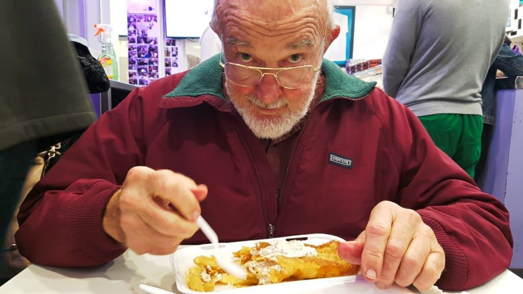 Dad with Fish and Chips for Dinghy Story